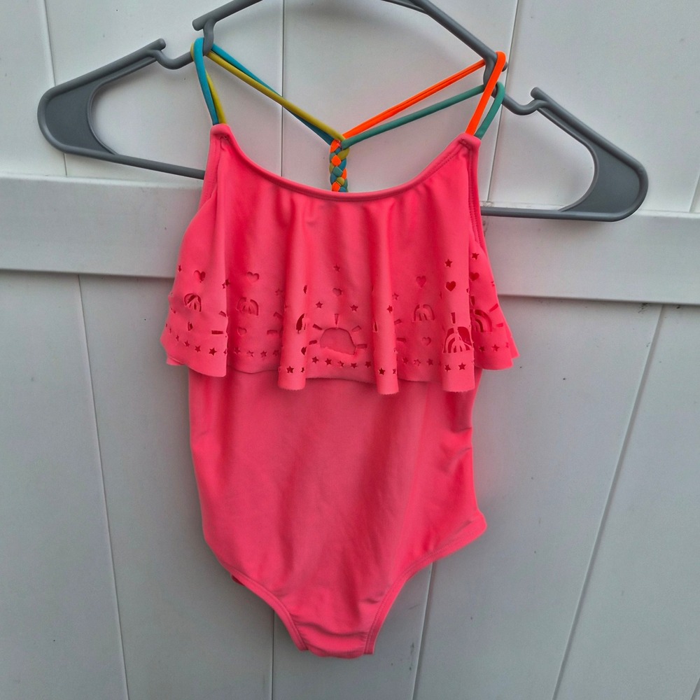 Cat & Jack‎ Neon Pink Ruffle One Piece Swimsuit Braided Straps M 7/8 Barbiecore